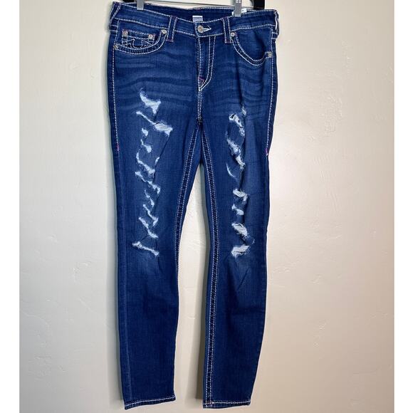 True Religion Denim - True Religion Curvy Skinny Dark Wash Distressed Crop Jeans 30